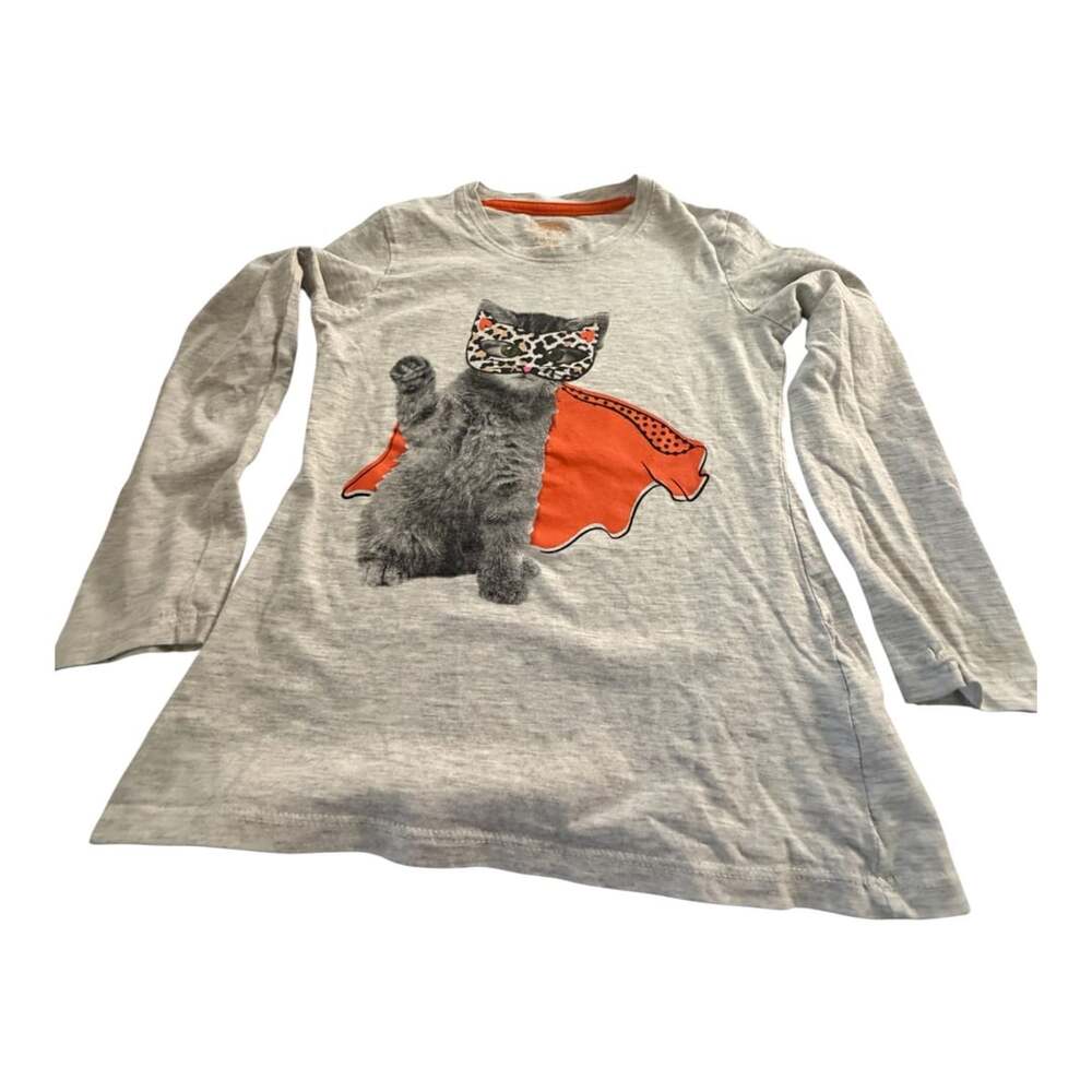 Cat Super Kitty Halloween Graphic Long Sleeve T-Shirt Grey Size S 6/6X